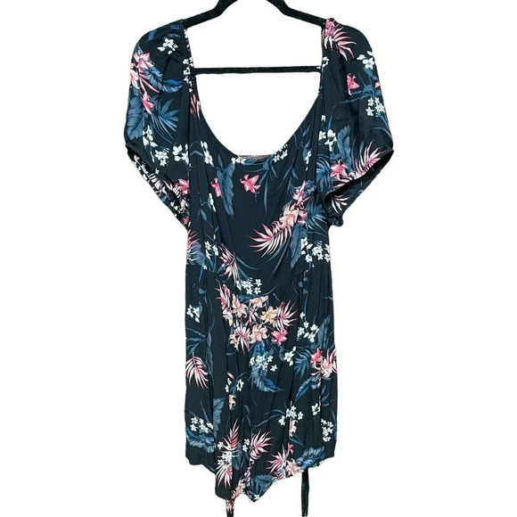 City Chic Black Floral Palm‎ Button Front Off the Shoulder Romper Plus Size 24 - Picture 7 of 11